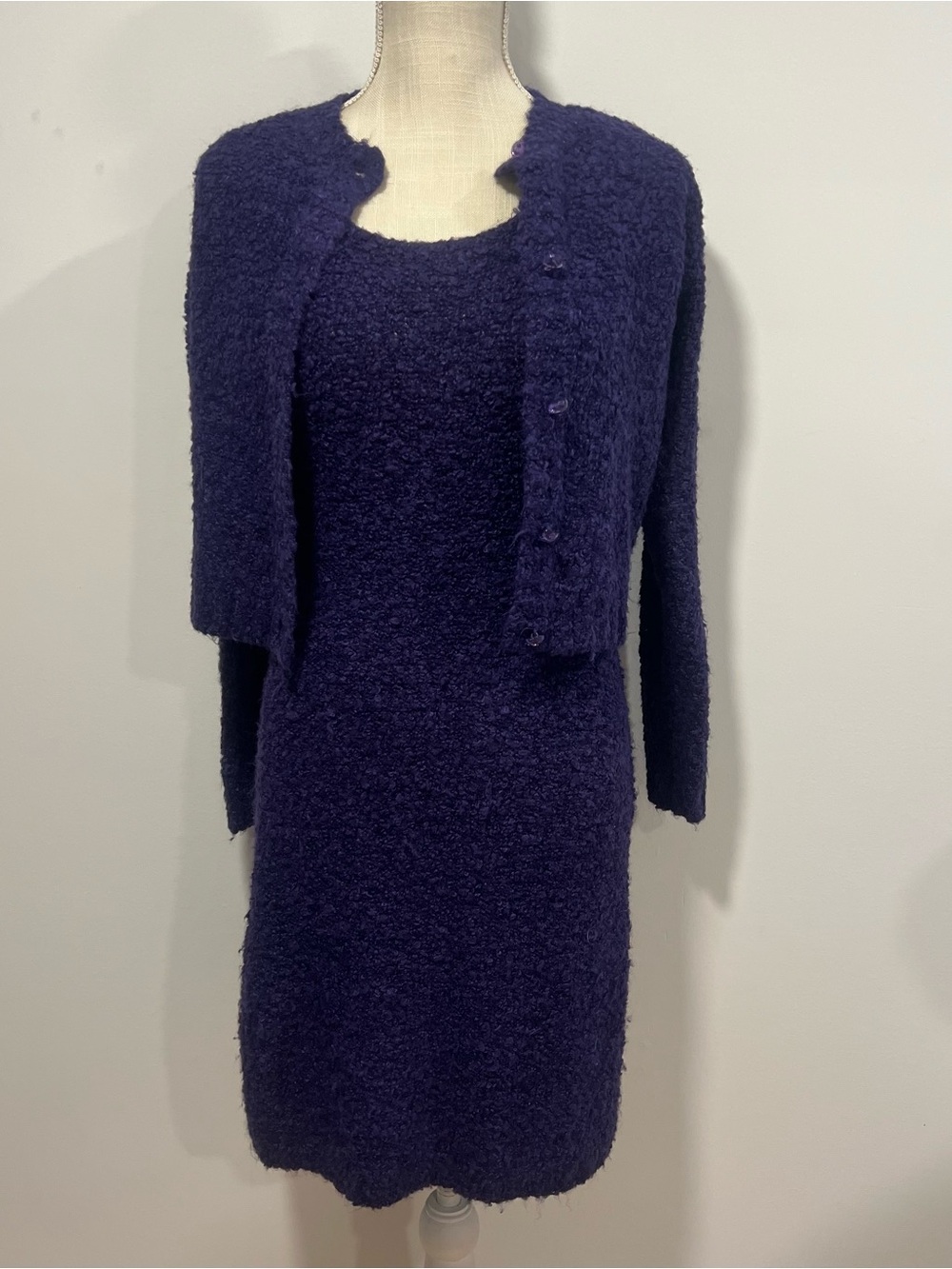 Vintage Maggie Lawrence Textured Purple Knit Dress & Cardigan Set